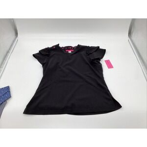 New- Betsey Johnson Women's Clary Ruffle Sleeve Scrub Top Black Short Sleeve (S)